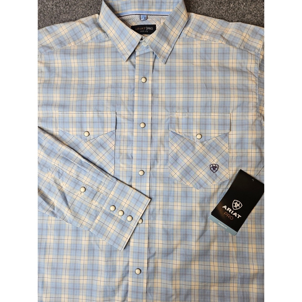 NWT Ariat Mens Pro Malik Classic Pearlsnap L/S Shirt Size Large Blue Plaid